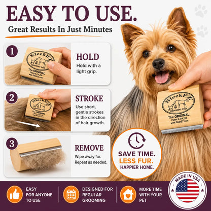Sleekez Cat Brush for Shedding & Grooming, Wooden Handle & Stainless Steel Blade, Pet Brush for Indoor Cats, 2.5 Inches Long Groomer Tools Fur Removal Tool
